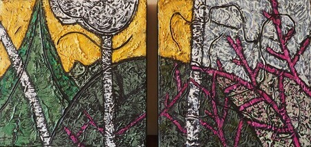 Birches and Redbud Diptych 8"x8"x2 Acrylic on canvas SOLD