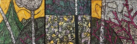 The Birches and the Redbud - triptych on gallery canvas SOLD