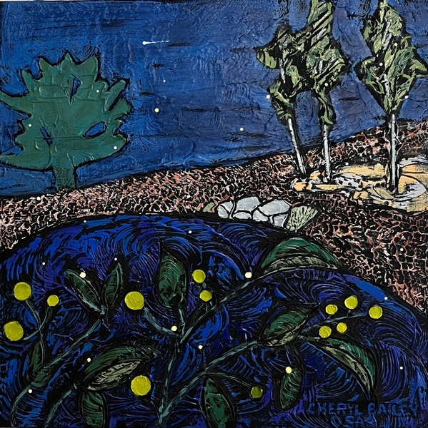 Buttonbush and Fireflies 12"x12" acrylic on gallery canvas (Artist Collection)