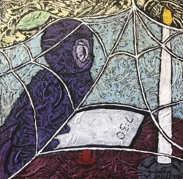 Caught In The Web? 12”x12” Acrylic on gallery canvas SOLD