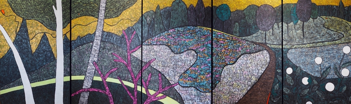 Come Butterfly! It's Late. We've Miles To Go Together. (60"Hx200"W in 5 panels)