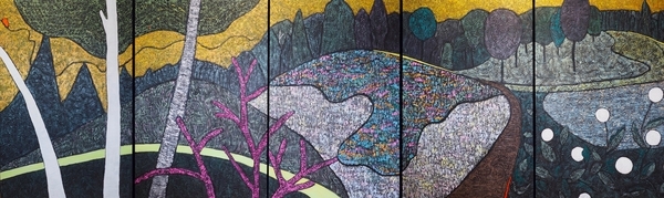 Come Butterfly! It's Late. We've Miles To Go Together. (60"Hx200"W in 5 panels)
